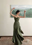 Sexy Mermaid Straps Green Party Dresses Satin Long Formal Prom Dresses