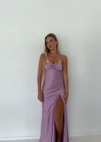 Sexy Mermaid Straps Lilac Slit Long Formal Prom Dresses