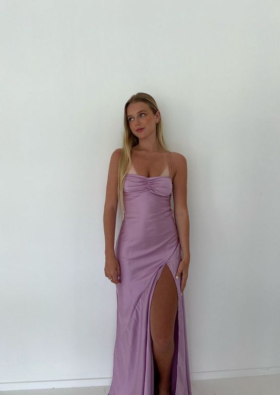 Sexy Mermaid Straps Lilac Slit Long Formal Prom Dresses