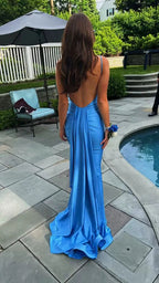 Sexy Mermaid Straps Neckline Backles Blue Long Formal Prom Dresses