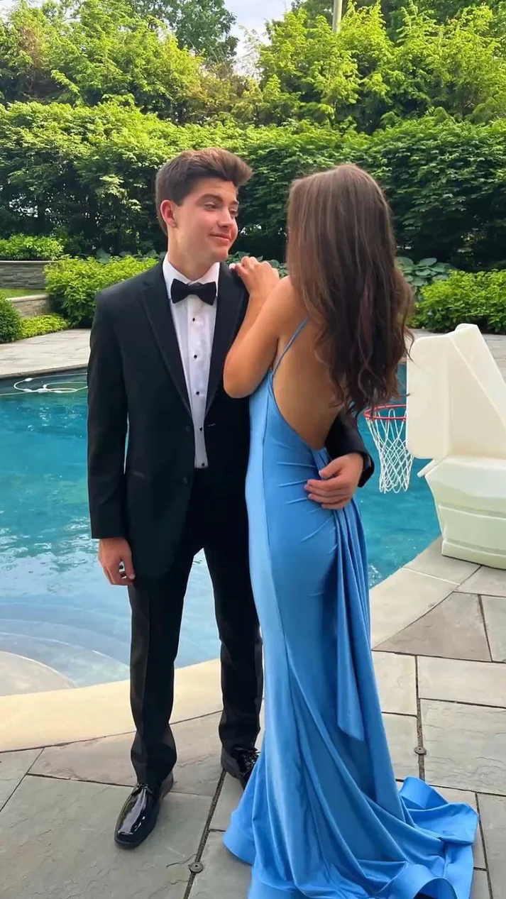 Sexy Mermaid Straps Neckline Backles Blue Long Formal Prom Dresses