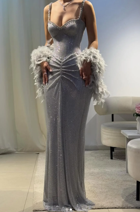 Sexy Mermaid Straps Silver Sequin Long Formal Prom Dresses Party Dresses 20Th Birthday Outfits Graduation Dresses