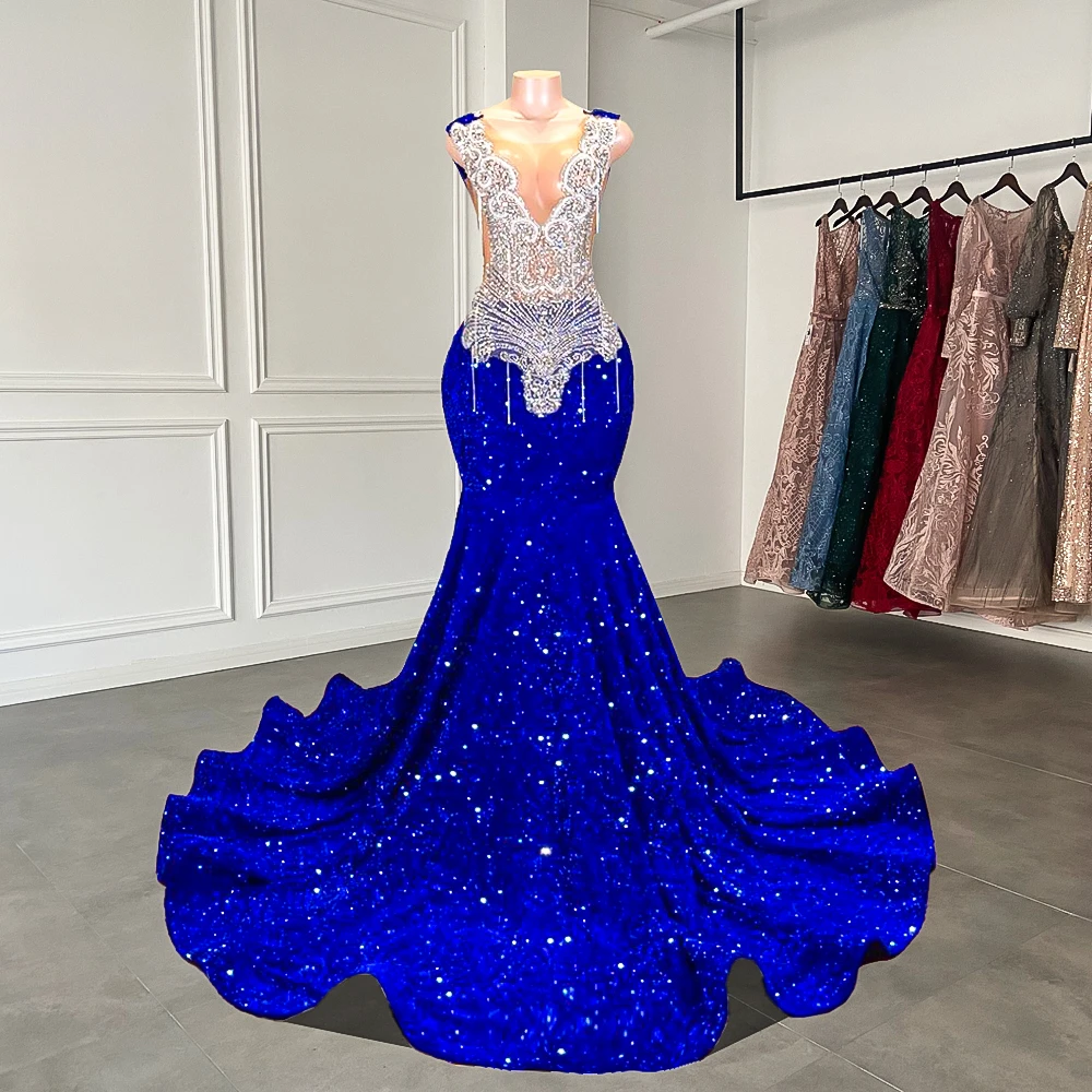 Sexy Mermaid Style Sheer Top Luxury Sparkly Silver Crystals Diamond Black Girls Royal Blue Long Formal Prom Dresses Main image
