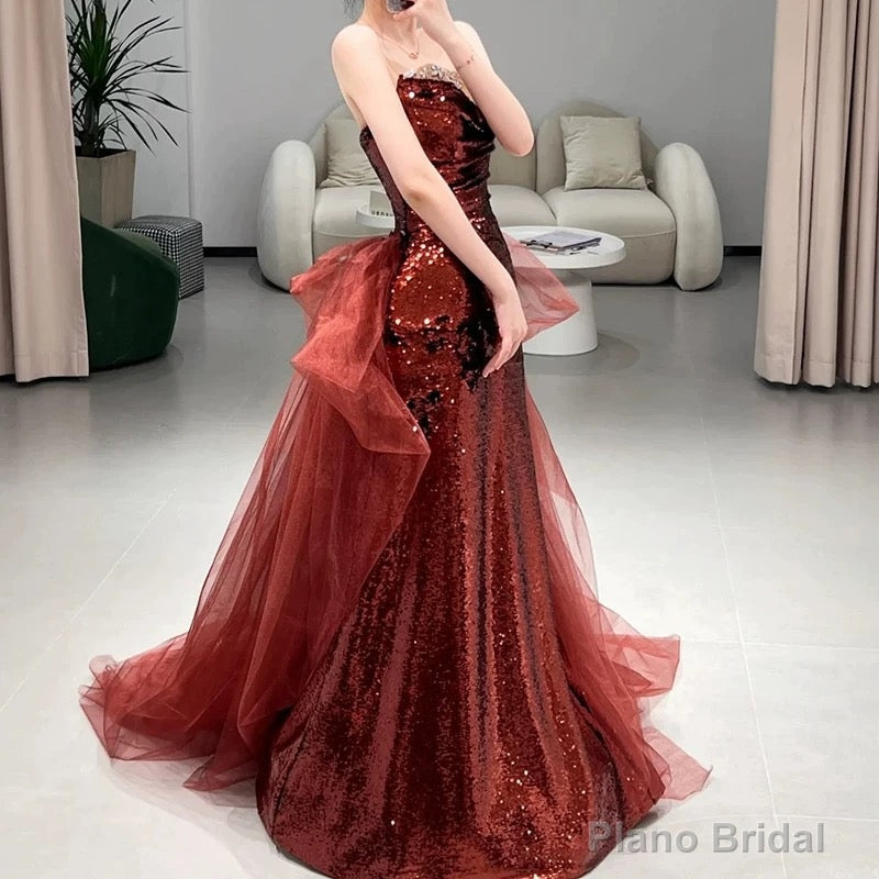 Sexy Mermaid Sweetheart Burgundy Floor Length Evening Dress Sequin Prom Dresses Secondary image
