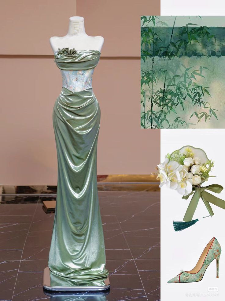 Sexy Mermaid Sweetheart Green Long Formal Evening Dresses Satin Formal Prom Dresses