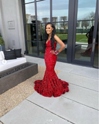 Sexy Mermaid Sweetheart Neckline Sequin Black Girl Red Formal Evening Gown Formal Prom Dresses