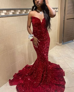 Sexy Mermaid Sweetheart Neckline Sequin Black Girl Red Formal Evening Gown Formal Prom Dresses