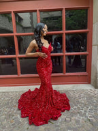 Sexy Mermaid Sweetheart Neckline Sequin Black Girl Red Formal Evening Gown Formal Prom Dresses