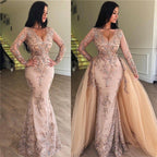 Sexy Mermaid V-Neck Long Sleeves Appliqued Formal Prom Dresses With Detachable Skirt