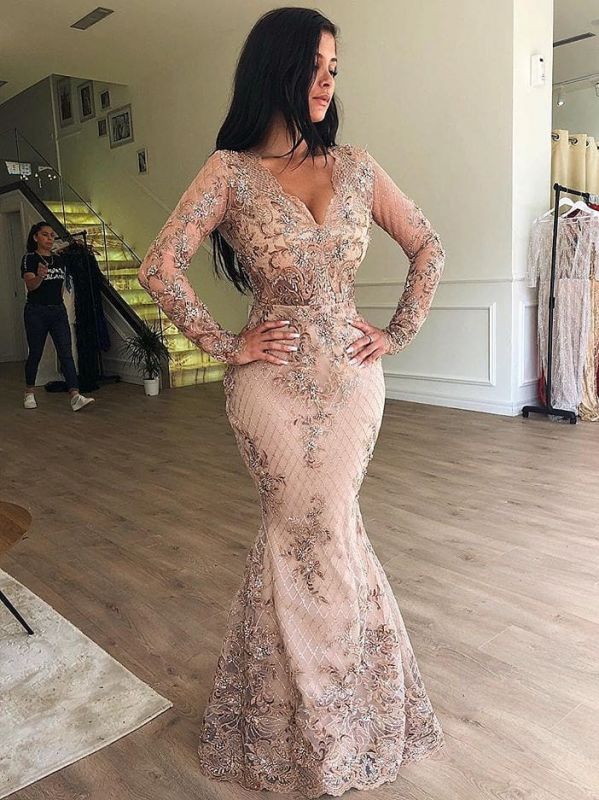 Sexy Mermaid V-Neck Long Sleeves Appliqued Formal Prom Dresses With Detachable Skirt