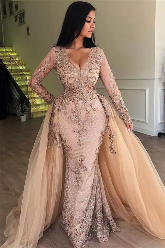 Sexy Mermaid V-Neck Long Sleeves Appliqued Formal Prom Dresses With Detachable Skirt Main image