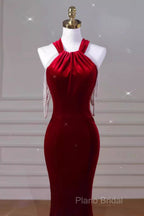 Sexy Mermaid Velvet Party Dresses Red Formal Prom Dresses