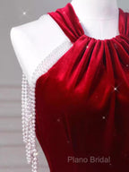 Sexy Mermaid Velvet Party Dresses Red Formal Prom Dresses