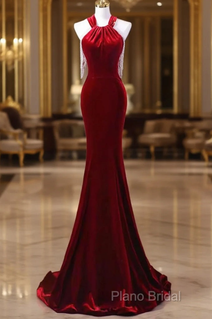 Sexy Mermaid Velvet Party Dresses Red Formal Prom Dresses