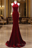 Sexy Mermaid Velvet Party Dresses Red Formal Prom Dresses