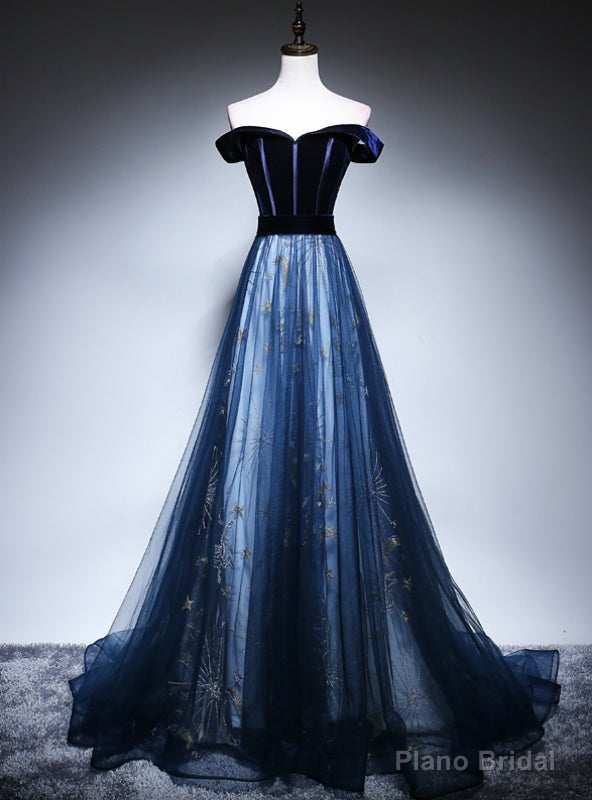 Sexy Navy Blue Tulle Velvet Off the Shoulder Prom Dress Main image