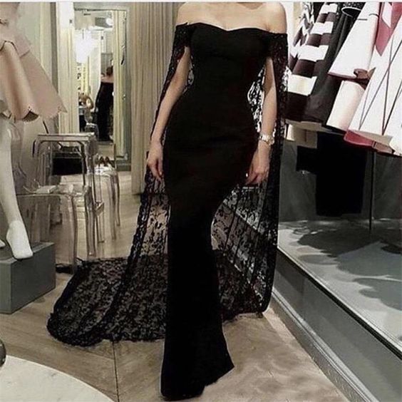 Black Noble And Elegant Mermaid Slim Lace Cape Elegant Long Floor-Length Trailing Ball Gown Formal Evening Dresses Party Dresses