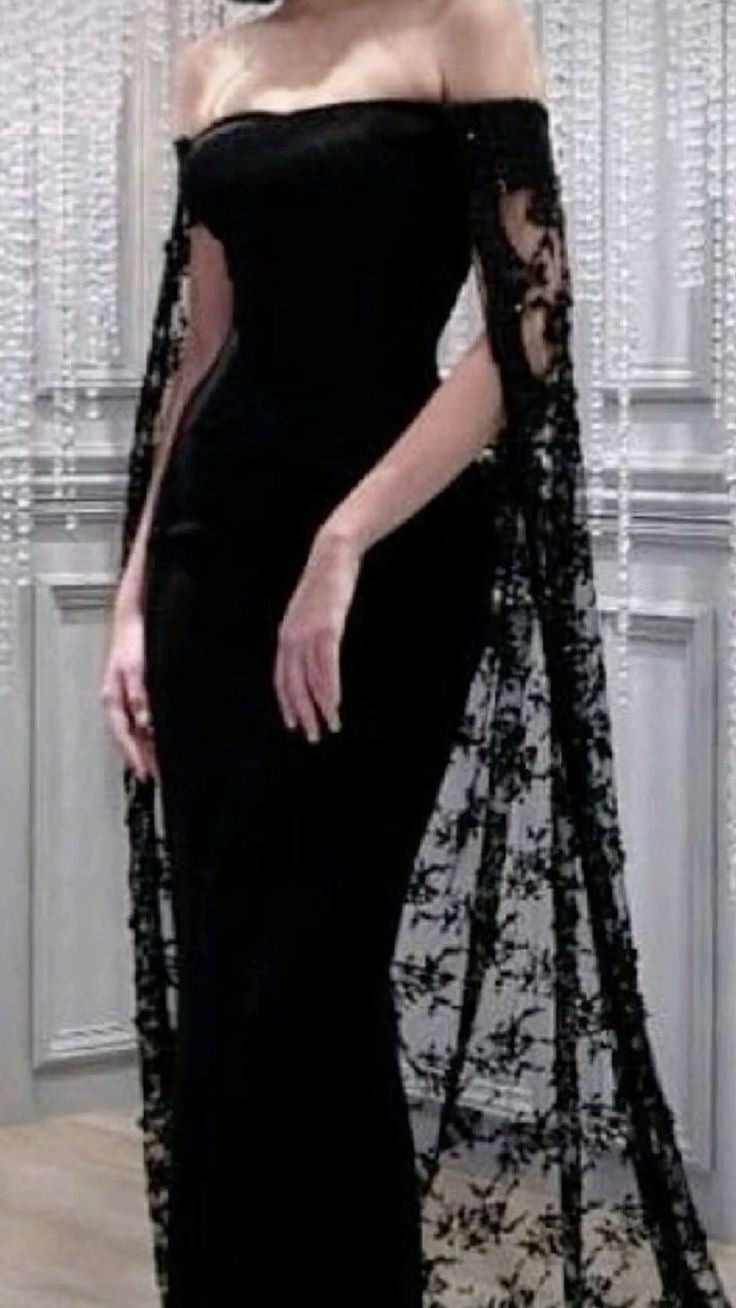 Black Noble And Elegant Mermaid Slim Lace Cape Elegant Long Floor-Length Trailing Ball Gown Formal Evening Dresses Party Dresses