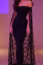 Black Noble And Elegant Mermaid Slim Lace Cape Elegant Long Floor-Length Trailing Ball Gown Formal Evening Dresses Party Dresses