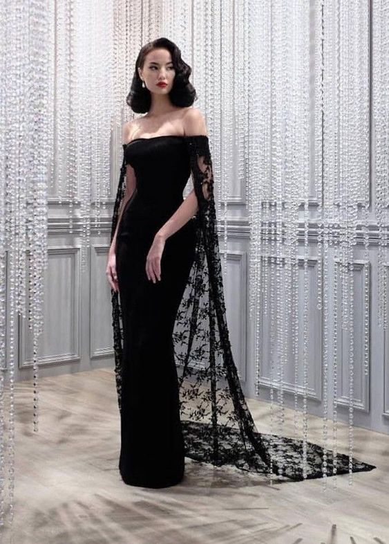 Black Noble And Elegant Mermaid Slim Lace Cape Elegant Long Floor-Length Trailing Ball Gown Formal Evening Dresses Party Dresses