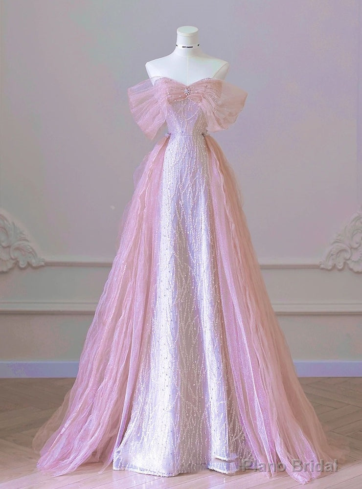 Sexy Pink Mermaid Tulle Sequins Off the Shoulder Prom Dress