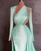 Sexy Formal Prom Dresses Plus Size Arabic Aso Ebi Mermaid Formal Prom Dresses Lace Beaded Illusion Satin Floor Length Party Formal Evening Wear