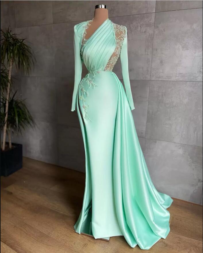Sexy Formal Prom Dresses Plus Size Arabic Aso Ebi Mermaid Formal Prom Dresses Lace Beaded Illusion Satin Floor Length Party Formal Evening Wear Main image