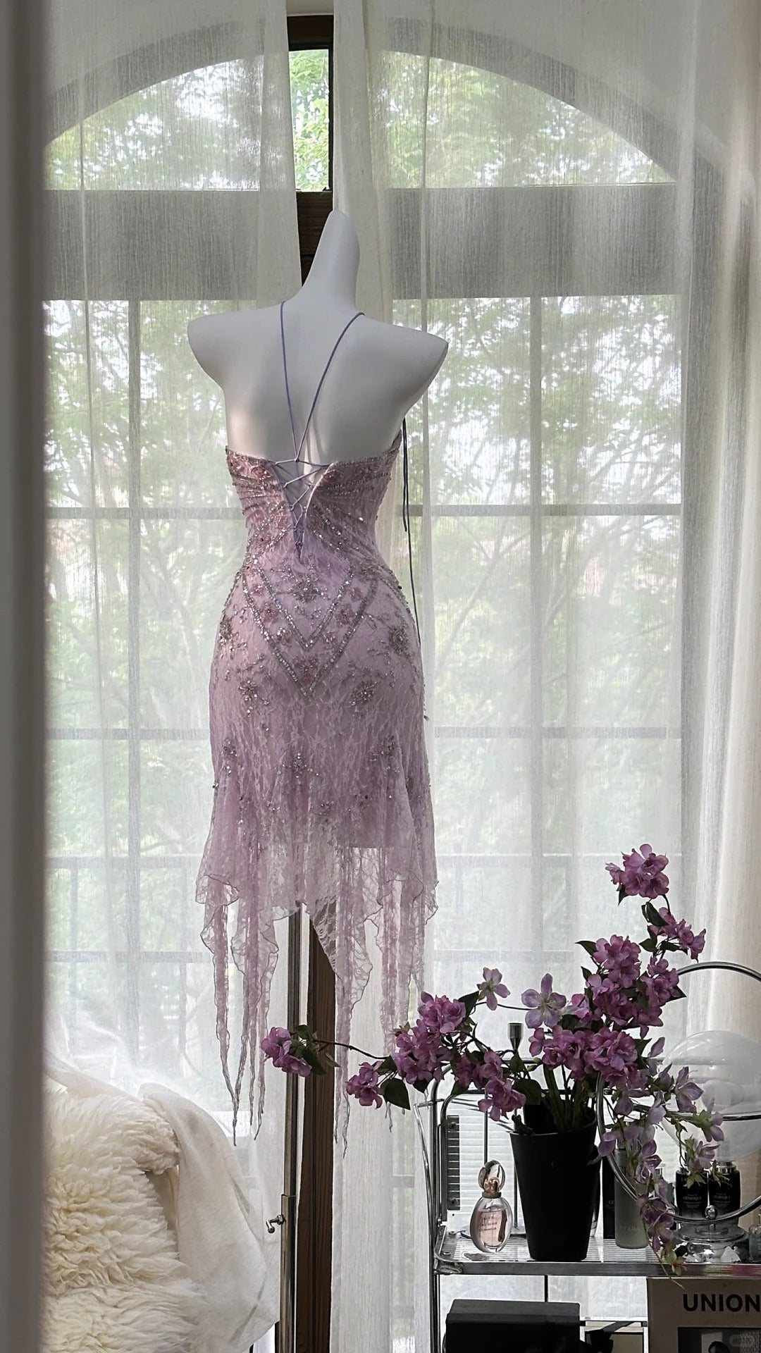 Sexy Purple Lace Tube Top Beaded Earrings Curled Skirt Formal Prom Dresses