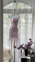 Sexy Purple Lace Tube Top Beaded Earrings Curled Skirt Formal Prom Dresses
