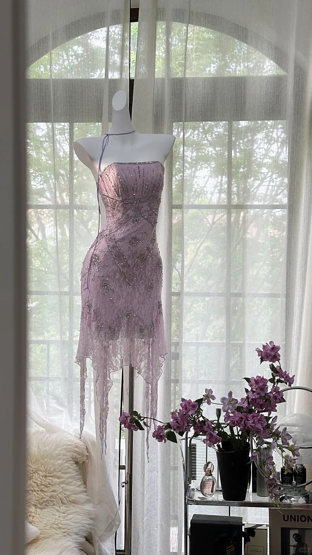 Sexy Purple Lace Tube Top Beaded Earrings Curled Skirt Formal Prom Dresses