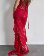 Sexy Red Lace Sequin Long Formal Evening Formal Prom Dresses