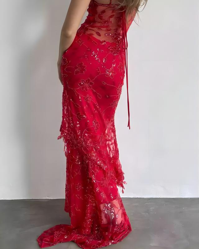 Sexy Red Lace Sequin Long Formal Evening Formal Prom Dresses