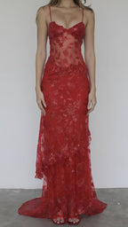 Sexy Red Lace Sequin Long Formal Evening Formal Prom Dresses