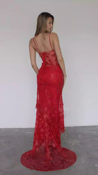 Sexy Red Lace Sequin Long Formal Evening Formal Prom Dresses