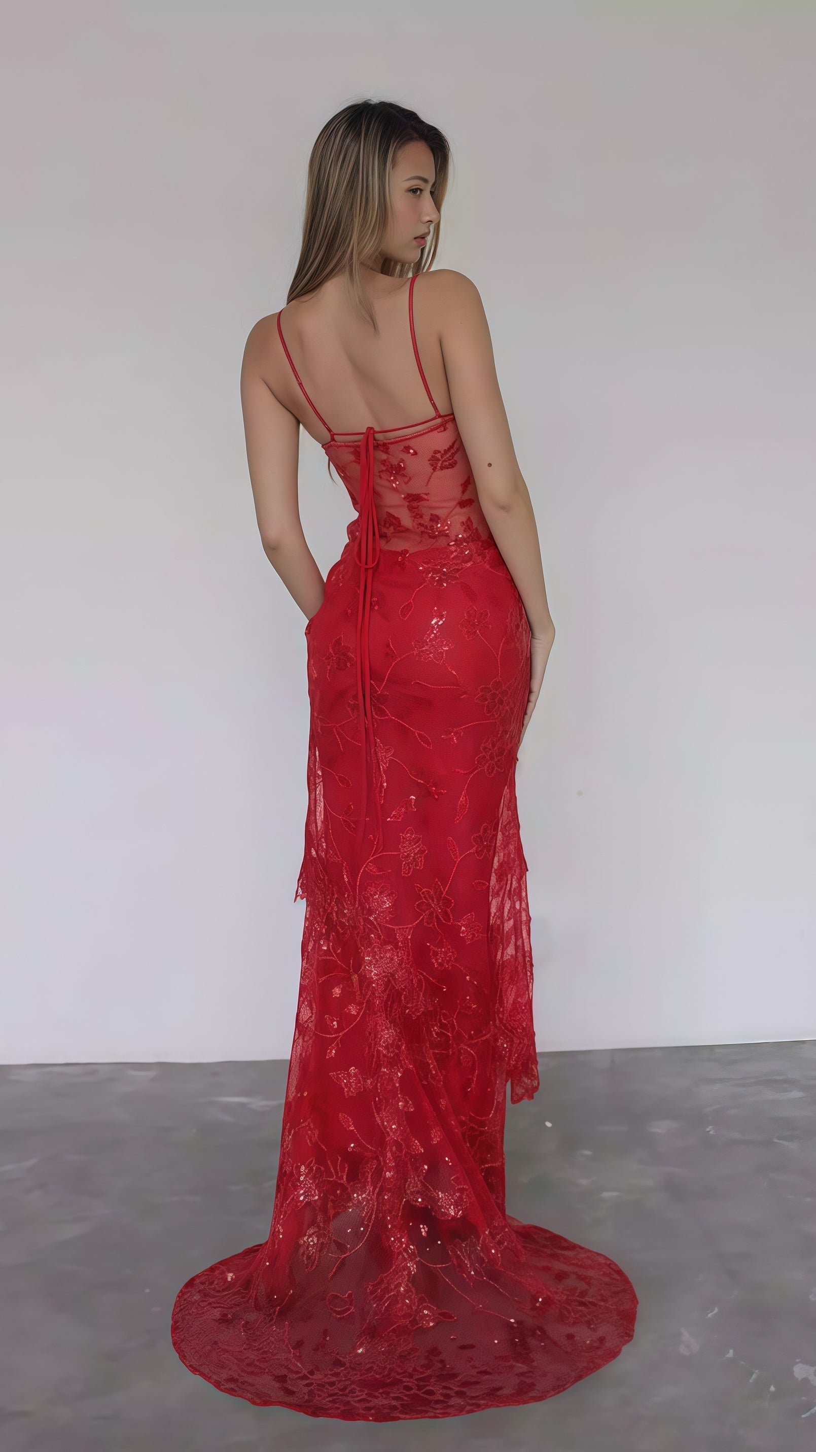 Sexy Red Lace Sequin Long Formal Evening Formal Prom Dresses