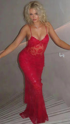 Sexy Red Lace Sequin Long Formal Evening Formal Prom Dresses