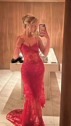 Sexy Red Lace Sequin Long Formal Evening Formal Prom Dresses