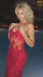 Sexy Red Lace Sequin Long Formal Evening Formal Prom Dresses