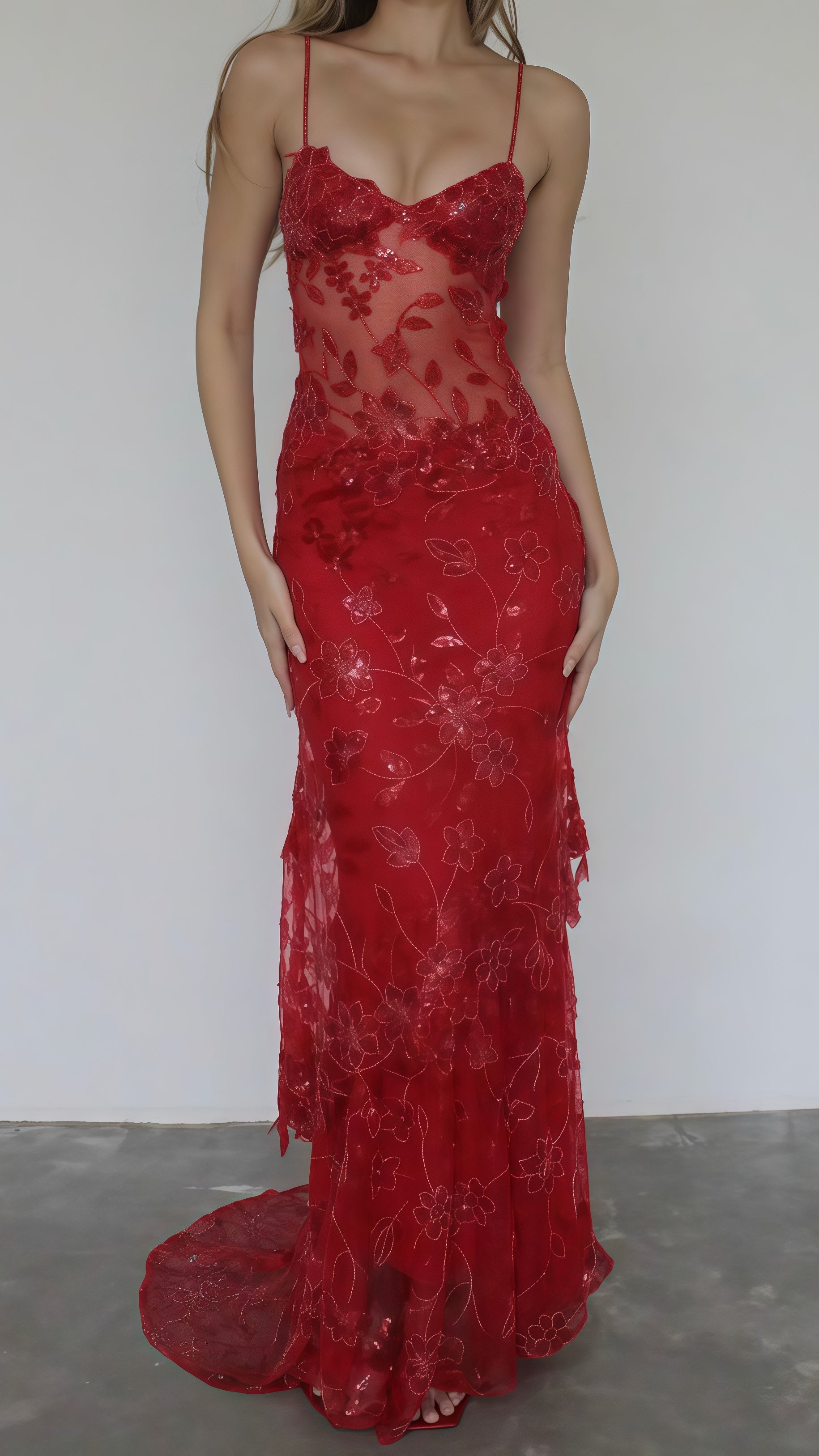 Sexy Red Lace Sequin Long Formal Evening Formal Prom Dresses Main image
