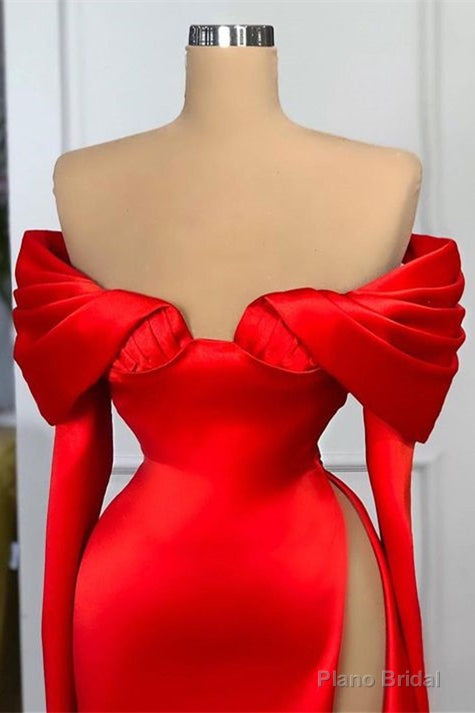Sexy Red Long Sleeves Mermaid Prom Dress Off-the-Shoulder With Slit