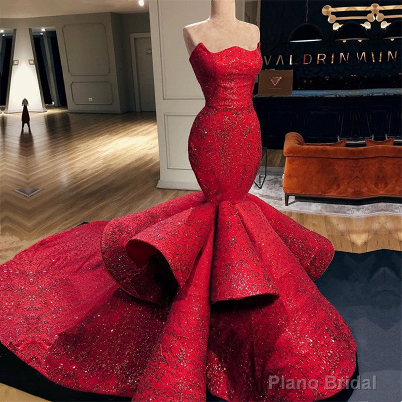 Sexy Red Strapless Mermaid Prom Dress Sequins Long