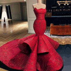 Sexy Red Strapless Mermaid Prom Dress Sequins Long