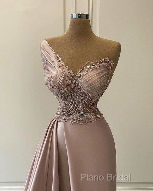 Sexy Robe De Soiree A-Line One-Shoulder Floor Length Beaded Slit Long Formal Prom Dresses Formal Prom Gown Formal Dresses