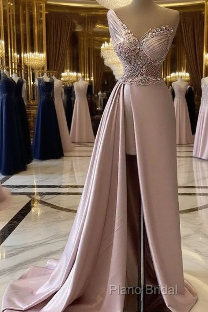 Sexy Robe De Soiree A-Line One-Shoulder Floor Length Beaded Slit Long Formal Prom Dresses Formal Prom Gown Formal Dresses