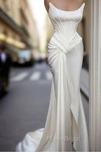 Sexy Robe De Soiree Mermaid Scoop Floor Length Satin Slit Long Formal Prom Dresses Formal Prom Gown Evening Dresses