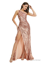 Rose Gold One Shoulder with Side Slit Prom Dresses