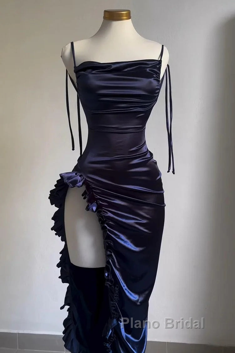 Sexy Sheath Column Spaghetti Straps Navy Blue Backless Satin Formal Prom Dresses