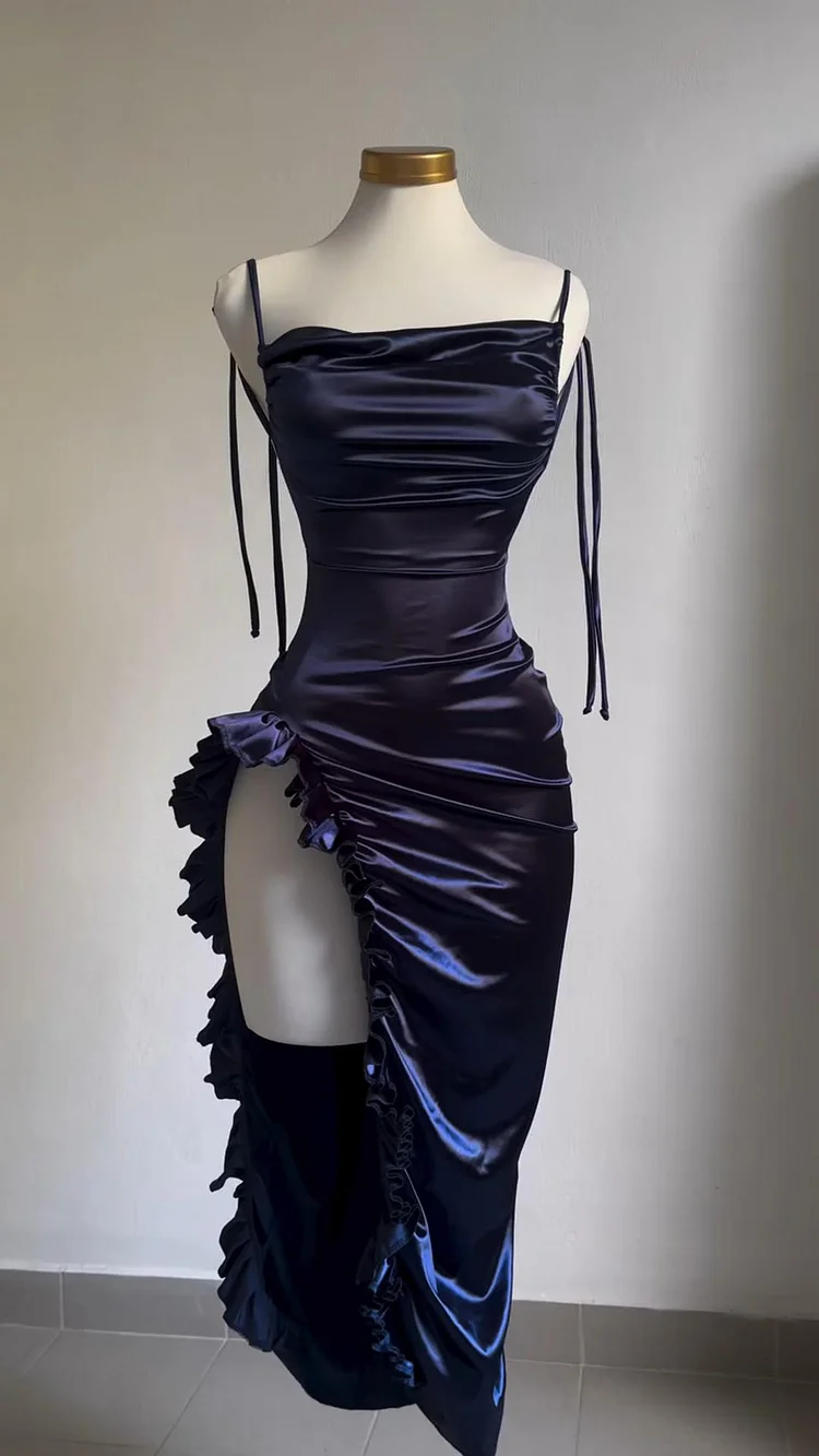 Sexy Sheath Column Spaghetti Straps Navy Blue Backless Satin Formal Prom Dresses Secondary image