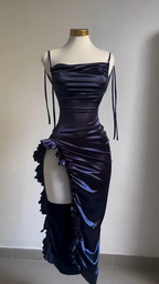 Sexy Sheath Column Spaghetti Straps Navy Blue Backless Satin Formal Prom Dresses