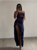 Sexy Sheath Column Spaghetti Straps Navy Blue Backless Satin Formal Prom Dresses